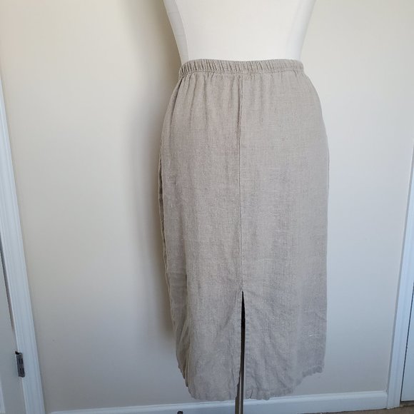 Silhouettes Plus Size 1X 100% Linen Skirt Pockets Elastic Waist Back Slit Beige - Picture 4 of 12